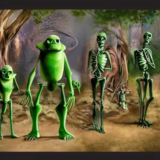 Image similar to A family portrait at the zoo of a sasquatch, a human lizard, a green alien and a skeleton, photorealistic style