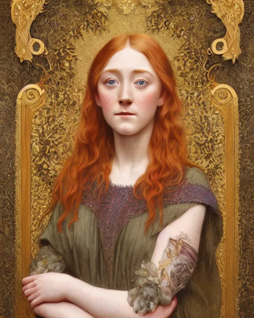 Image similar to realistic art nouveau oil painting of redheaded young saoirse ronan or redheaded millie bobby brown wearing a reflective gold dress, highly detailed, intricate, elegant, digital painting, smooth, sharp focus, illustration, ultra realistic, 8 k, by bouguereau, alphonse mucha, artgerm, and donato giancola