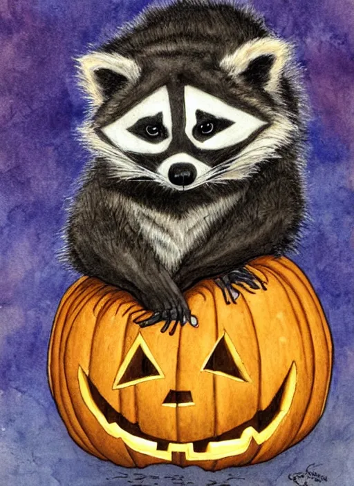 Image similar to halloween pumpkin in the shape of a raccoon by Rebecca Guay art, high quality, highly detailed,