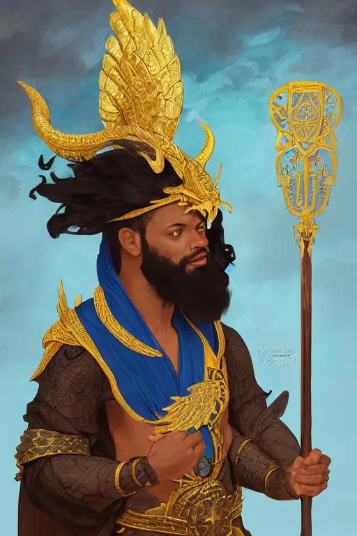 Prompt: Picture of a male Cleric, black skin, blue short hair, short beard, dragon-inspired cloth robes, gold and blue, ornamental, hammer, wings, background depicting a temple, fantasy, dnd, d&d, sharp focus, smooth, illustration, digital painting, highly detailed, by Krenz Cushart and Artem Demura and alphonse mucha, artstation, cgsociety