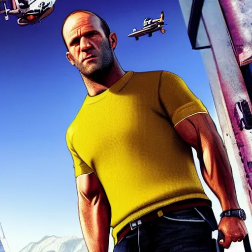 Prompt: jason statham in gta v cover art