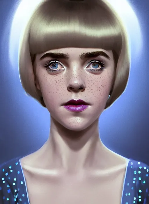 Image similar to portrait of kiernan shipka with freckles, white hair, big 1 9 6 0 s bob hairstyle with bangs and hairband, blue 1 9 6 0 s dress, intricate, elegant, glowing lights, highly detailed, digital painting, artstation, concept art, smooth, sharp focus, illustration, art by wlop, mars ravelo and greg rutkowski