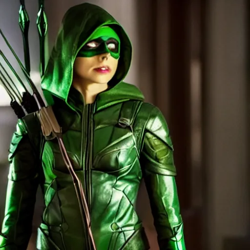 Image similar to film still of willa holland as a female green arrow in the 2 0 1 7 film justice league, focus on facial details, minimal bodycon feminine costume, dramatic cinematic lighting, inspirational tone, suspenseful tone, promotional art