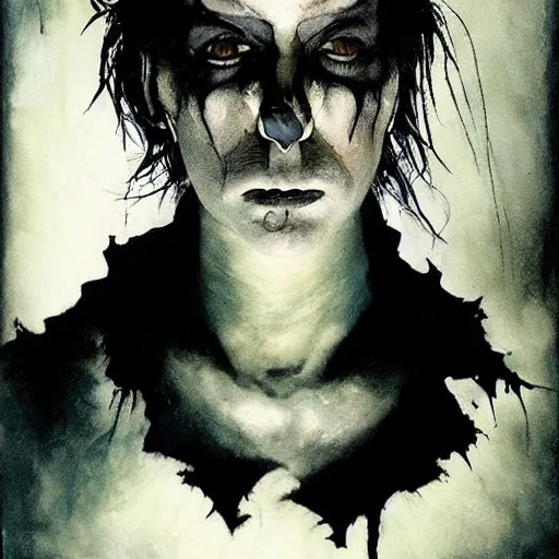 Image similar to gaunt ( the cure fan ) as dream from sandman, dim stars as eyes, by jeremy mann, by cedric peyravernay, by richard avedon, by dave mckean and ben templesmith, dramatic lightning, sadness, dark eye sockets, in the shadows, punk rock, gothic, high detailed, 8 k