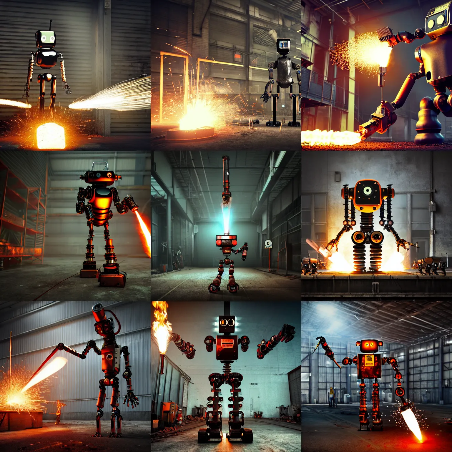 Prompt: a realistic deranged robot holding a welding torch high, the welding torch is sparking, standing in front of an army of robots inside a huge rusty dingy warehouse, army of robots, raygun gothic, atomic punk, digital art, detailed octane render, high angle