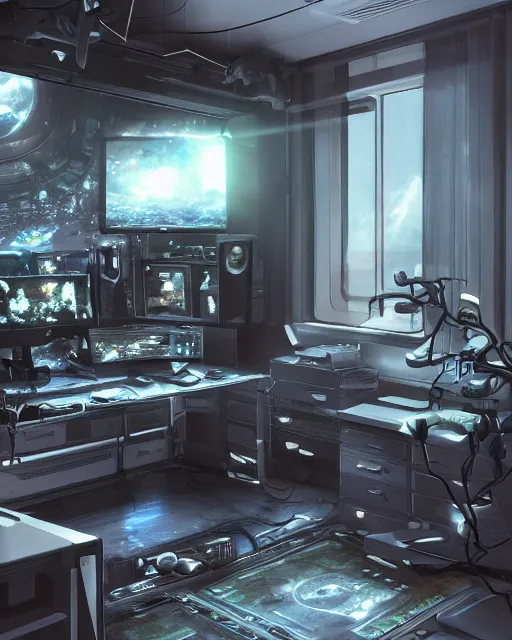 Image similar to artstation scifi scene of a complex computer workstation in a small studio apartment room, many monitors, many electronics, a window view, very detailed, maximalism, ambient occlusion, volumetric light, atmospheric haze, unreal engine, hyper realism, realistic shading, cinematic composition, realistic render, octane render, detailed textures, photorealistic, wide shot