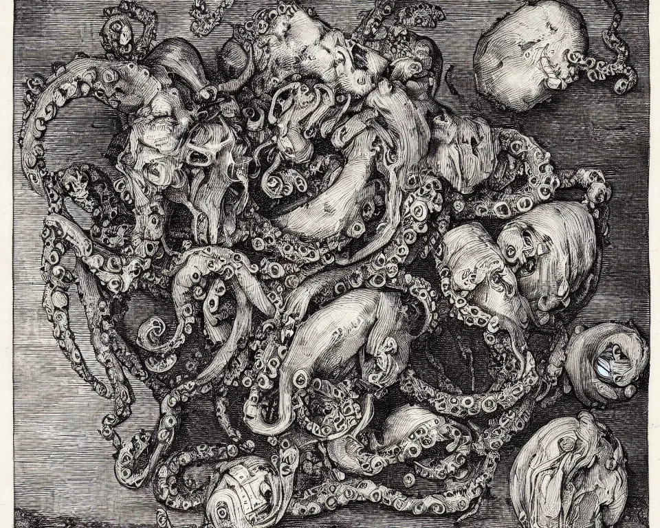 Image similar to A salvage with an octopus head in the style of Albrecht Durer, engraving, black and white