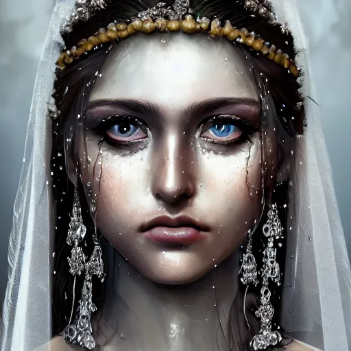 Prompt: ilyana vyulnika as a young wet bride in the dark, heavy makeup, crying eyes, tears, leaked mascara, lipgloss, portrait, closeup, cute freckles, gloss effects, and exaggerated proportions, intricate silver jewelry, after rain, digital art by julia razumova and mel milton, trending on artstation, 4 k high quality photorealism