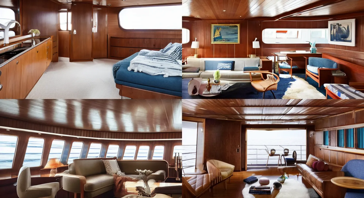 Prompt: ship cabin interior, breathtaking midcentury interior design, luxurious, muted colors, nautical theme design