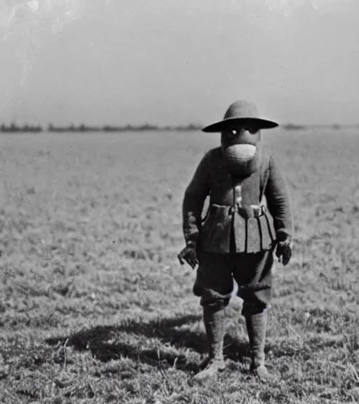 Prompt: a man at wearing a full head scarecrow mask in distance, ww1 film photo, grainy, high detail, high resolution