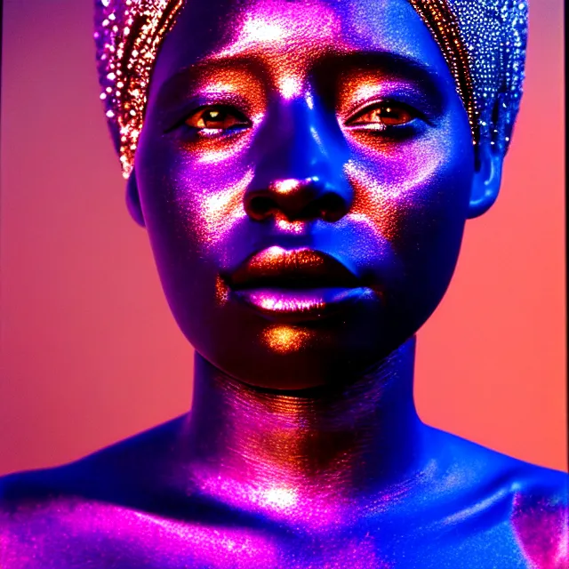 Prompt: portrait of iridescent metallic face, african woman, reflections, smooth, proud looking away, outdoor, blue sky, 8 k, realistic, depth of field, highly detailed, award winning photography, by richard mosse
