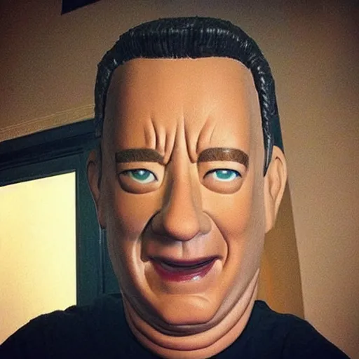 Image similar to “ tom hanks replaced his head with a paper mache replica ”