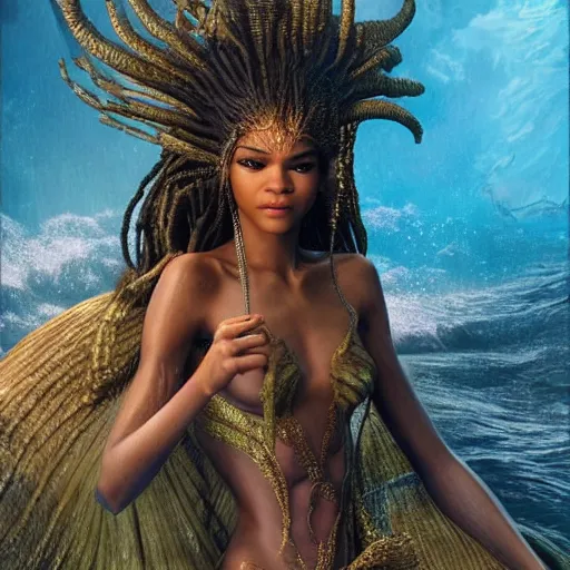 Image similar to zendaya as a dark - skinned mermaid la sirene haitian goddess, ultra - realistic, concept art, intricate details, highly detailed, photorealistic, octane render, 8 k, art by annie leibovitz and frank frazetta and simon bisley, brom