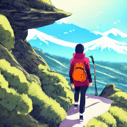 Prompt: person with hoodie walking up a mountain with a backpack that has katanas on the sides by carrie south and aokamei and sasucchi 9 5, anime, amazing composition, astonishing detail, smooth lines, beautiful scenery