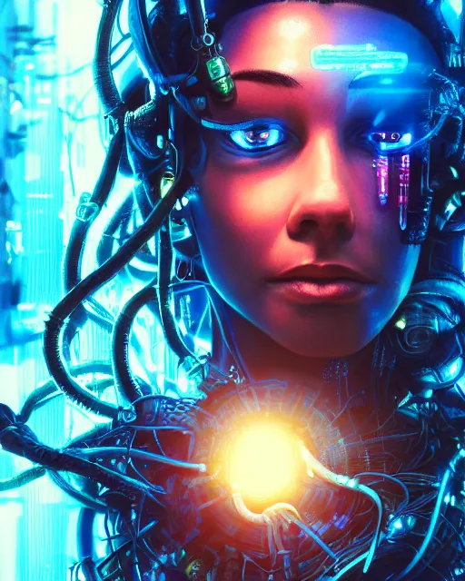 Image similar to a cyberpunk extreme close up portrait of cyborg medusa, electricity, snakes in hair, sparks, bokeh, soft focus, skin tones, warm, blue, sunny sky, by paul lehr, jesper ejsing