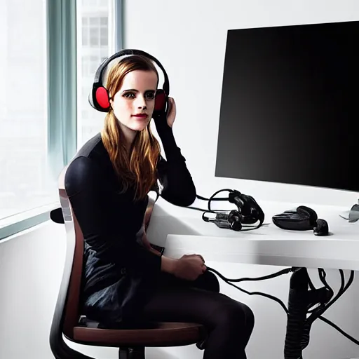 Prompt: emma watson wearing a gaming headset photo sitting on gaming chair dramatic lighting from monitor light from gaming monitor in gaming room holding controller