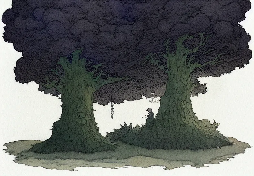 Image similar to a simple watercolor fantasy concept art of a dark grey cube next to a tree at night. by studio ghibli, rebecca guay, michael kaluta, charles vess