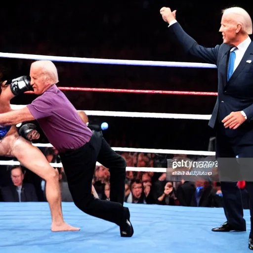 Prompt: Joe Biden fighting in a WWE ring, getty images