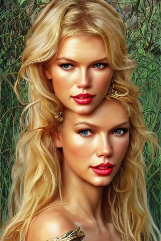 Image similar to a mix between claudia schiffer and taylor swift and britney spears and denise richards in wild things as a princess, fantasy, intricate, elegant, highly detailed, digital painting, artstation, concept art, matte, sharp focus, illustration, art by artgerm and greg rutkowski and alphonse mucha