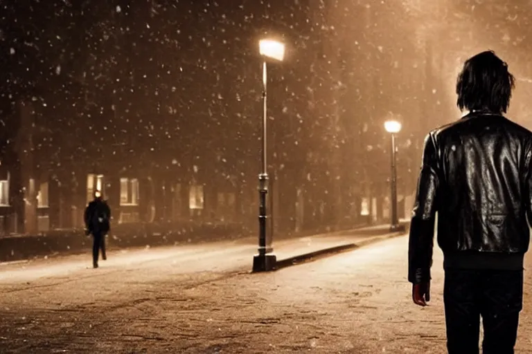 Image similar to movie shot of young man from back pacing lowering head dressed in short leather bomber jacket to empty narrow alley with street lamps in park with pines to the horizon, with hands in pockets, snowfall at night, mullet long haircut, black hairs, cinematic, dramatic, detailed, realistic, movie shot, low lighting