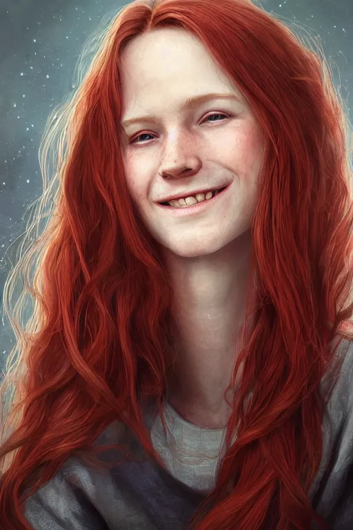 Image similar to ultra realistic style illustration of a cute red haired old teen smiling, long hair, 1 9 year old, portrait, sci - fi, fantasy, intricate, elegant, digital painting, artstation, concept art, smooth, sharp focus, illustration, 8 k frostbite 3 engine, ultra detailed, art by artgerm and greg rutkowski and magali villeneuve