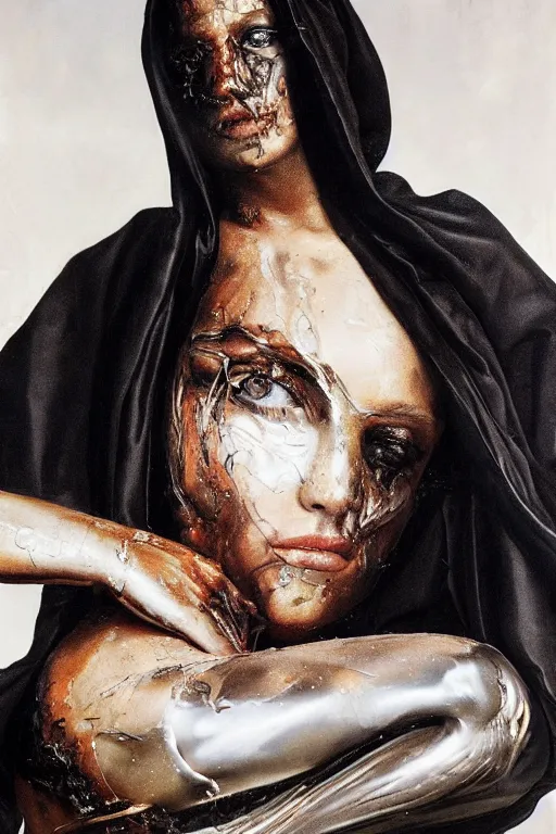 Prompt: hyperrealism mixed with classicism, oil painting, close - up view of face of fashion model sitting near melting cyborg, fully clothes in black reflect robe, complete darkness, in style of classicism mixed with 8 0 s sci - fi hyperrealism