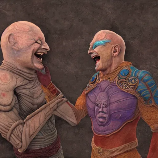 Prompt: vivec laughing as he betrays nerevar, fresco