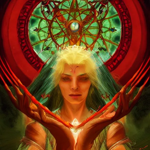 Prompt: a detailed tarot card of a shaman casting a spell, female, crimson colored, crackling green lightning, fantasy, d & d, intricate, elegant, highly detailed, digital painting, artstation, concept art, matte, sharp focus, illustration, in the style of magic the gathering, art by artgerm and greg rutkowski and alphonse mucha