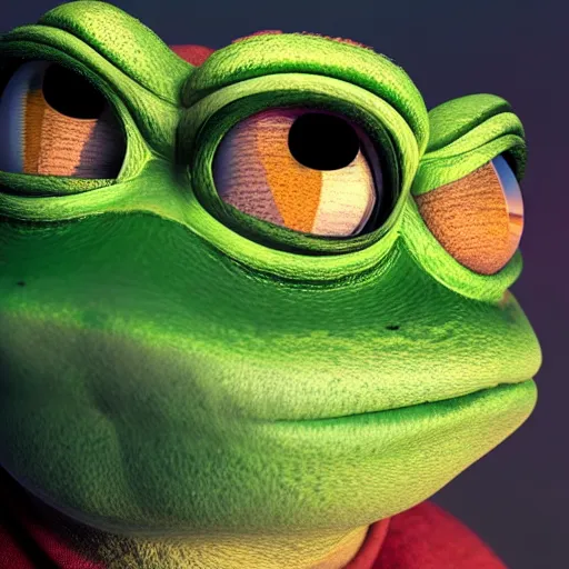 Prompt: pepe the frog, photorealistic render with cinematic lighting by beeple, cinema octane, unreal engine, 8 k