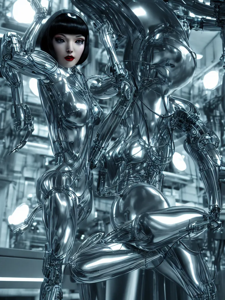 Prompt: cinematic, photography, epic composition, a beautiful betty page cyborg in an assembly line, perfect chromium bionic body, holographic ui displays, floating power cables, hajime sorayama, h. r. giger, octane rendered, 4 k, lens flare,