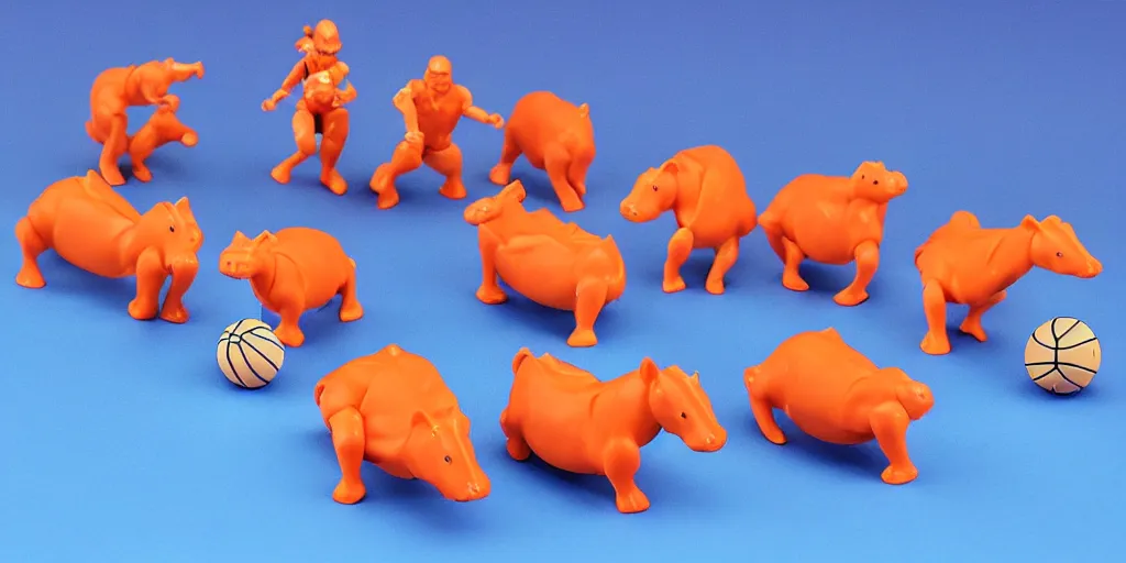 Prompt: plastic action figure hippos playing basketball