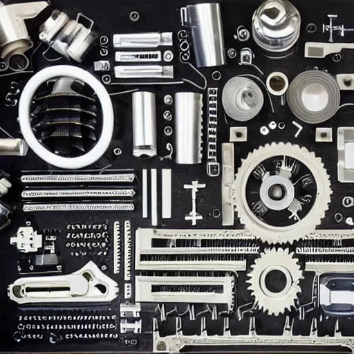 Prompt: knolling of parts from alien warp drive engine