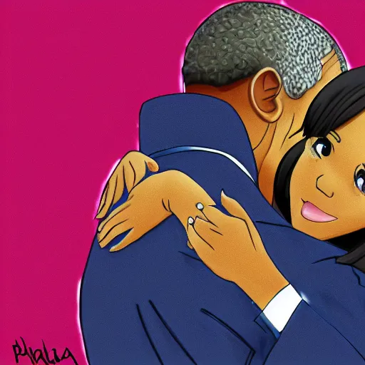 Image similar to a digital drawing of Barack Obama hugging his anime waifu, trending on Pixiv, set on afternoon