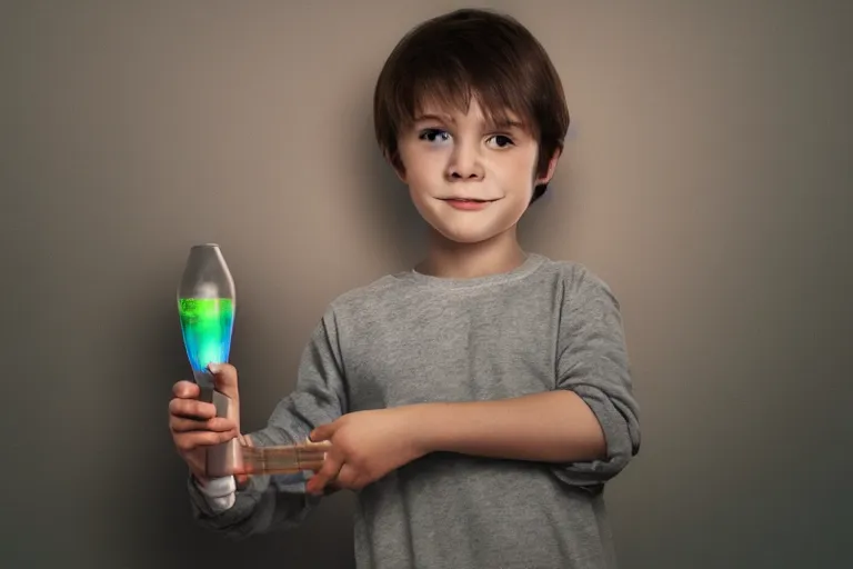 Image similar to portrait of a little boy holding lava lamp, photorealistic face and skin tones, dreamy moonlit nightscape by the garden, lake house, smooth, matte colors, trending on artstation, 4 k, 8 k