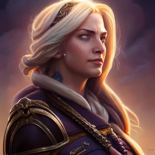 Image similar to portrait of jaina proudmoore amazing details 8 k beautiful ultra realistic sharp focus cinematic lightning highly detailed, digital painting, artstation, concept art, smooth, sharp focus, illustration artgerm, tomasz alen kopera, peter mohrbacher, donato giancola, joseph christian leyendecker, wlop, frank frazetta