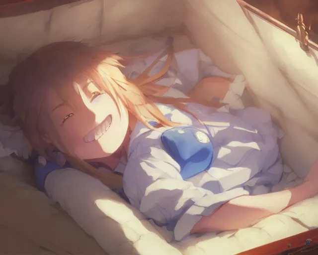 Image similar to a brunnete girl with blue eyes and puffy cheeks lying happy in her bed, close up shot from the top, anime art, Greg Rutkowski, studio ghibli, dramatic lighting