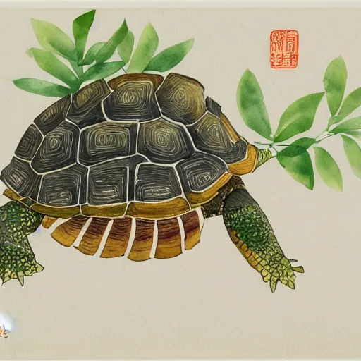 Prompt: a tortoise with a bonsi tree growing on its back, traditional chinese watercolor