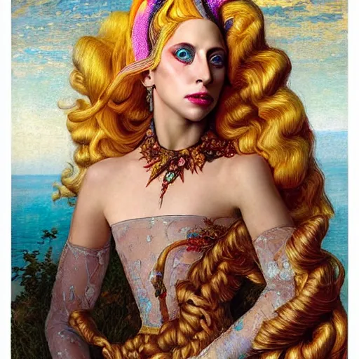 Image similar to lady gaga artpop act ii album, intricate detail, hyper detail, gaston bussiere, sandro botticelli style, with neon aqua rapunzel dreadlocks, detailed, masterpiece, sharp focus,