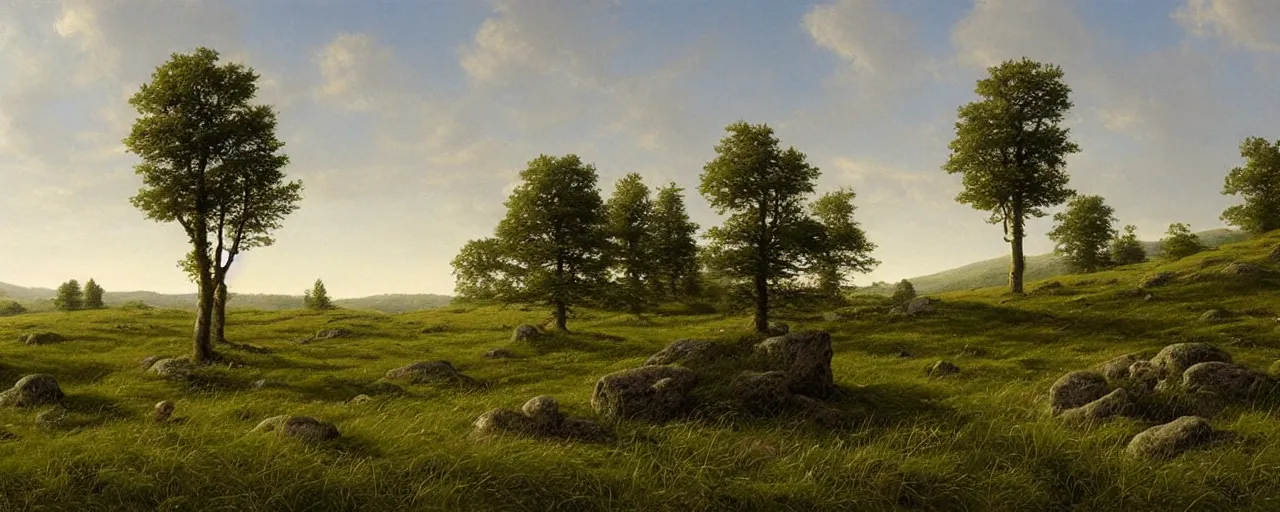 Image similar to a high hill meadow landscape with four tall stones on the top forming a circle, by ted nasmith