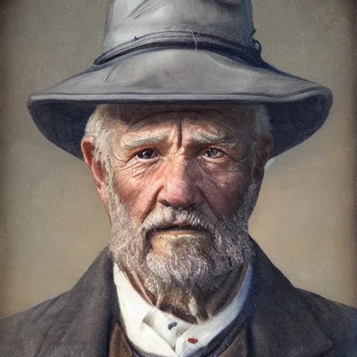 Image similar to realistic renderings of very old fisher man portrait with a hat, port scene background, astonishing scenes, detailed, photorealism