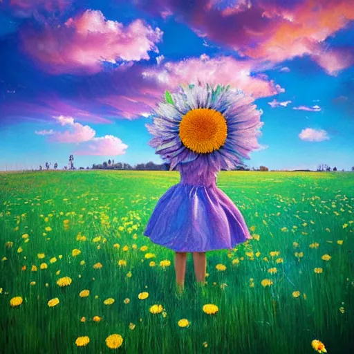 Image similar to giant daisy flower face, girl standing in a flower field, surreal photography, sunrise dramatic light, impressionist painting, colorful clouds, digital painting, artstation, simon stalenhag, flower face