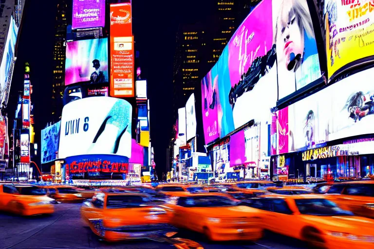 Image similar to a detailed photograph depicting times square at night. a giant digital billboard shows a heroic portrait of a proud blonde woman in her 6 0's. sci fi, neon lighting, futuristic.