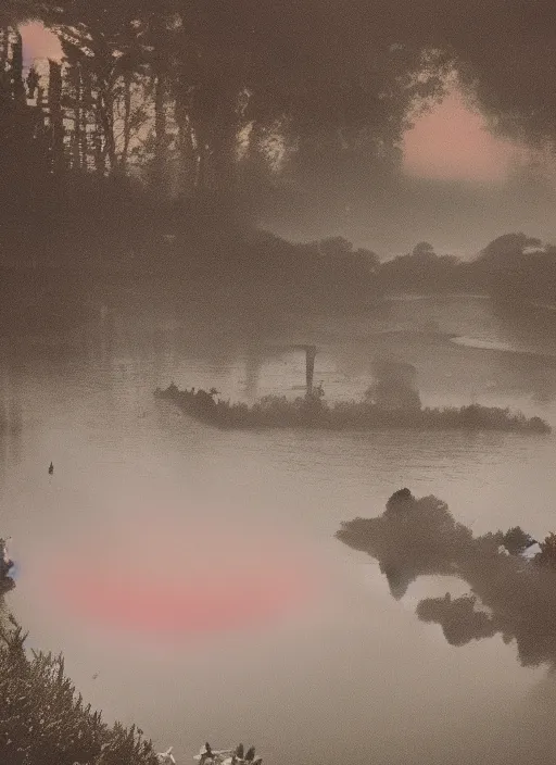Image similar to extremely sad scene of an abstrac beatiful shape over a lagoon, mist, bloody sunset, polaroid photography from the 70s