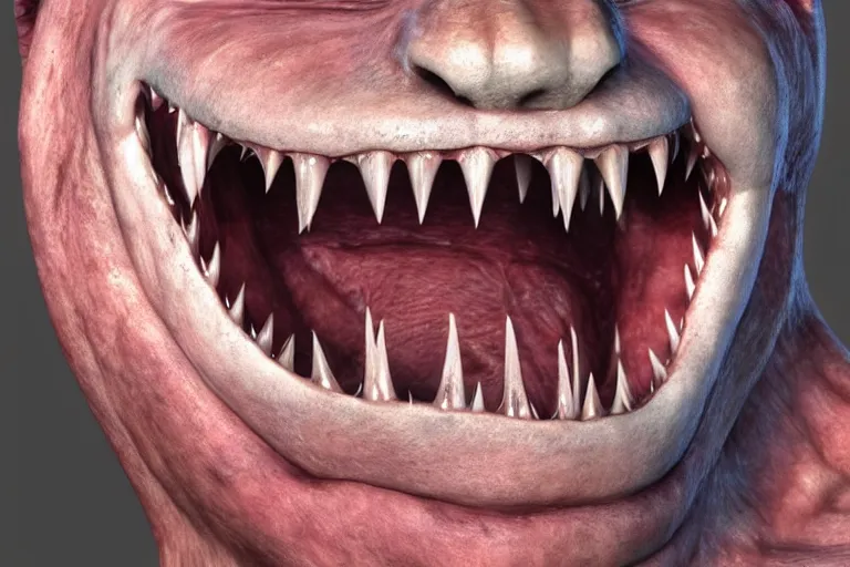 Image similar to half human half shark made of muscles and flesh, very angry, teeth, ambient light, terror, glows, realistic, photo - realism, hyper realism, picture, detailed, 3 d render, scary, distant shot, in the distance,