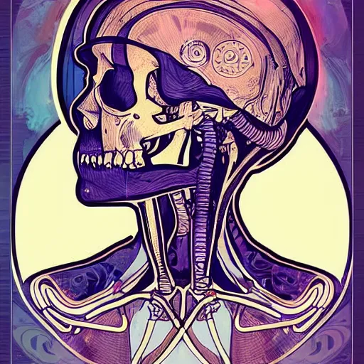 Image similar to astronaut portrait skull female skeleton space in the style of James Roper and Alphonse Mucha illustration art