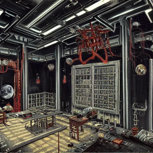 Prompt: detailed painting of a japanese repair shop interior room with celestial ephemeral ornaments and hr giger architecture, artstation, h. r giger, cinematic