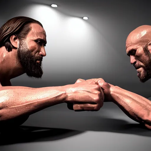 Image similar to jesus christ arm wrestling with the rock johnson, 3 d render, unreal engine, hd, 4 k