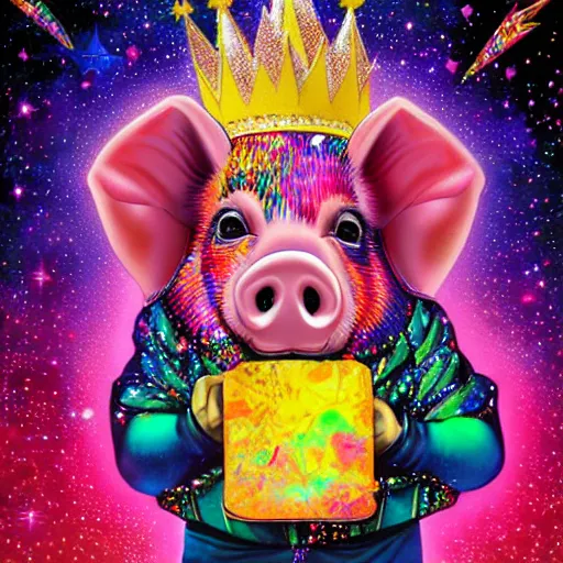 Prompt: lisa frank superhero pose pig wearing a gold crown potato chips painting by android jones
