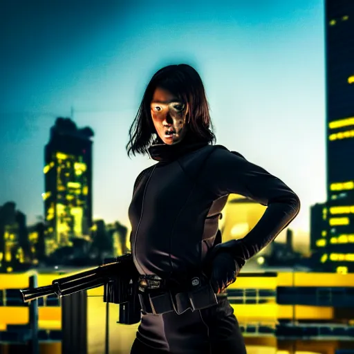 Image similar to photographic portrait of a techwear woman holding a shotgun, holding shotgun down, closeup, on the rooftop of a futuristic city at night, sigma 85mm f/1.4, 4k, depth of field, high resolution, full color, award winning photography, inspired by Kill Bill, inspired by John Wick, inspired by Die Hard, movies with guns, movie firearms