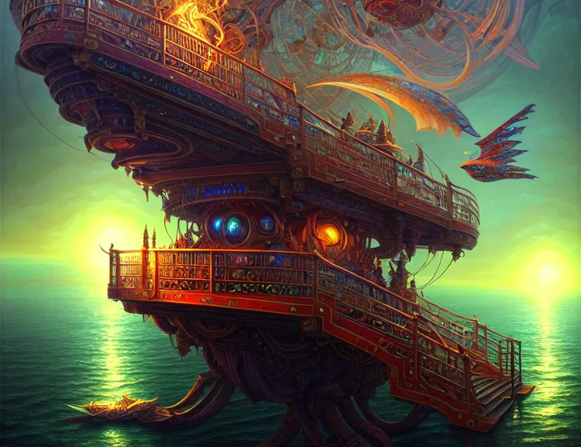 Image similar to standing upon the deck of the flying magical ship, d & d fantasy art, artstation contest winner, beautiful digital painting in the style of dan mumford, art by kev chan, volumetric lighting, intricate details, concept art, ultrarealistic, fantasypunk, deep colors, cgsociety, by art germ, by gerald brom, by peter mohrbacher